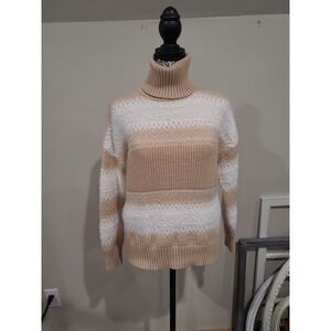 Tahari Women SZ S textured‎ knit Turtle Neck Sweater tan cream office casual ski